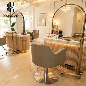 Estación de Espejo Doble de Diseño Personalizado para Barbería de Lujo, Estación de Espejo LED Curvo Ovalado con Mesa para Salón de Belleza - Product Image 3
