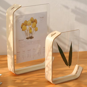 <b>Double</b> Sided Acrylic <b>Photo</b> <b>Frame</b> Wooden Tabletop Display Stand Modern Leaf Carving Specimen Desktop Decor - Product Image 1