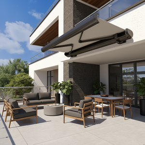 Auvent de terrasse électrique extérieur avec cadre en aluminium gris, tissu acrylique, lumières LED, cassette complète, auvent de balcon rétractable - Product Image 2