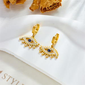 Eye Shape Gold Plated Drop Earrings With Blue Stone And Crystal Inlay For Fashion Jewelry - Product Image 2
