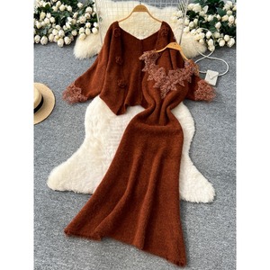 Sanftes Temperament 2-teiliges Set Damen Herbst Winter 3D Blume Langarm Strick Strickjacke Oberbekleidung Spitze getäfeltes Kleid - Product Image 4