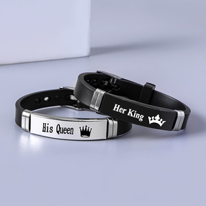 Bracelet en acier inoxydable pour homme Fancy Day avec couronnes gravées «King» <span class=keywords><strong>et</strong></span> «Queen» Charm élégant en silice pour les couples - Product Image 4