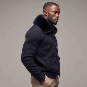 <strong>Men</strong> Slim Fit Knit Jacket with Removable Fur Collar | Merino <strong>Wool</strong> Urban <strong>Cardigan</strong> for Europe Wholesale - Product Image 4