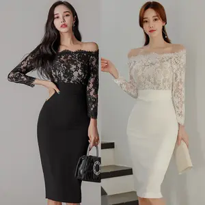 도매 2024 봄과 가을 한국어 에디션 기질 레이스 중공 슬림 핏 오프 어깨 랩 엉덩이 여자의 드레스