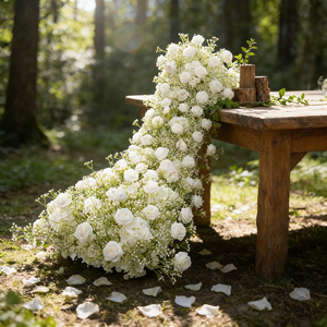 DKB New Arrival Handmade Bushy Artificial Flower Runner White Real Touch Faux <strong>Rose</strong> and Babysbreath Waterfall Floral <strong>Arrangement</strong> - Product Image 1