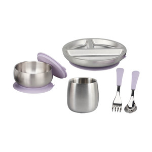 Ensemble d'alimentation pour bébé en acier inoxydable avec bol à ventouse, assiette, cuillère, fourchette et tasse pour tout-petits, design minimaliste, couleur unie, forme ronde - Product Image 2