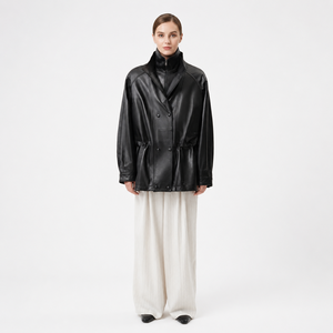 <span class=keywords><strong>Abrigo</strong></span> de piel de cordero encerada ligera Obsidian Black para mujer, estilo trench medio, con doble cuello, cintura fruncida, cremallera, cortavientos, teñido liso, para invierno, casual - Product Image 2