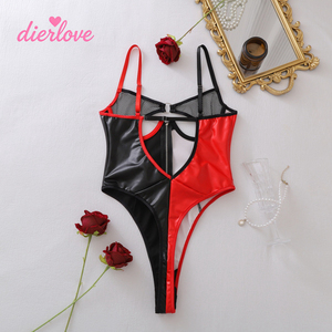 Faux Leather Harlequin Cosplay Lingerie Halter Neck Front Zipper Side Buckles Fishnet Mesh High Cut Rave Harlequin <strong>Bodysuit</strong> - Product Image 3