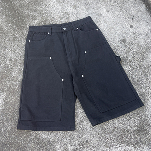 Shorts en jean personnalisés pour hommes, style déchiré, double genou, coupe charpentier, en coton, streetwear, décontracté, baggy - Product Image 1