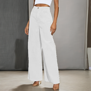 Pantalones de Mujer de Cintura Alta, Pierna Ancha, Color Sólido, Algodón, Corte Holgado, Largos, Estilo Casual de Verano, Cierre de Botones, Blancos - Product Image 2