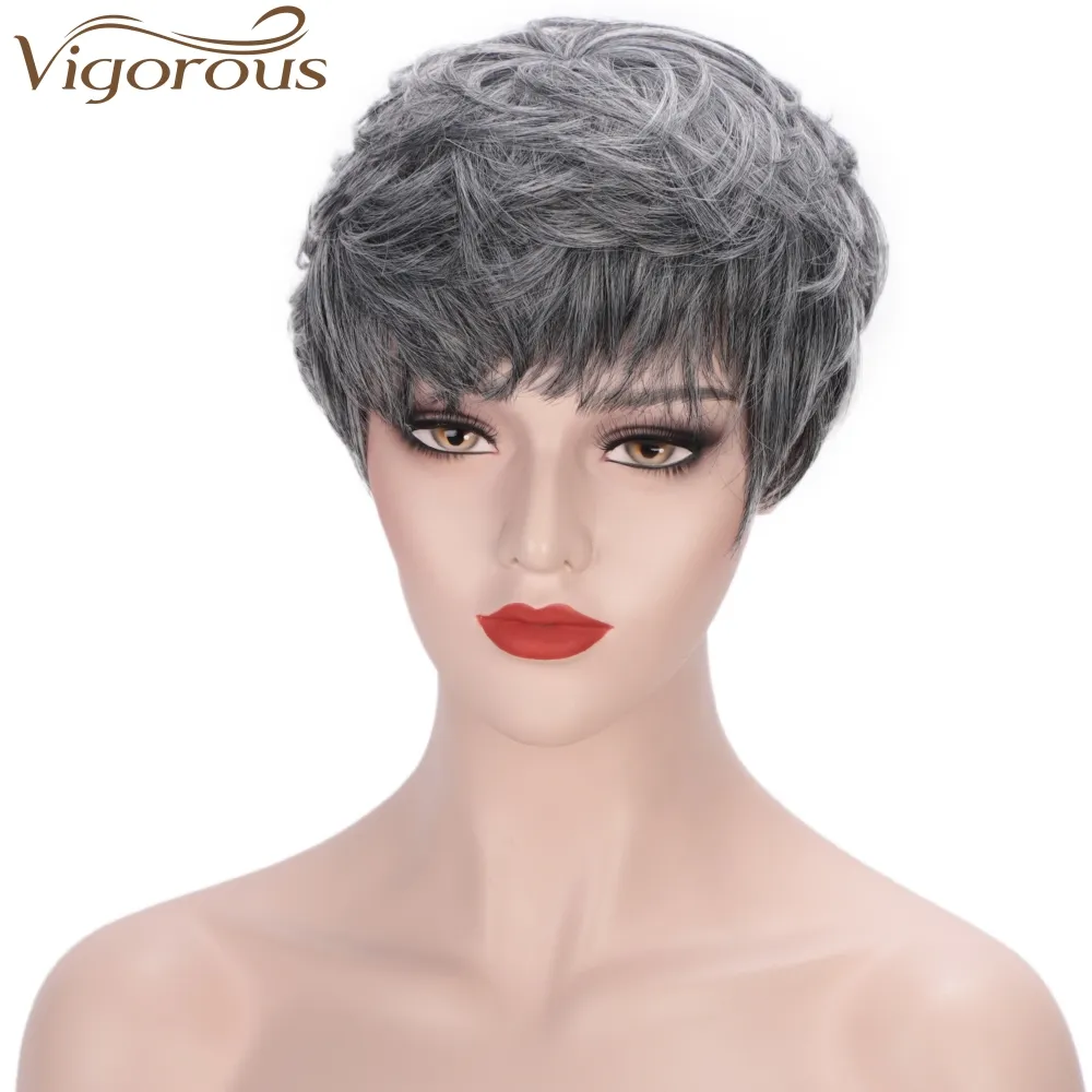 Vigorosa Glueless Grey Mixed Black Short Bob Peruca com Bangs Cabelo Sintético Bob Perucas para Mulheres Negras Brancas