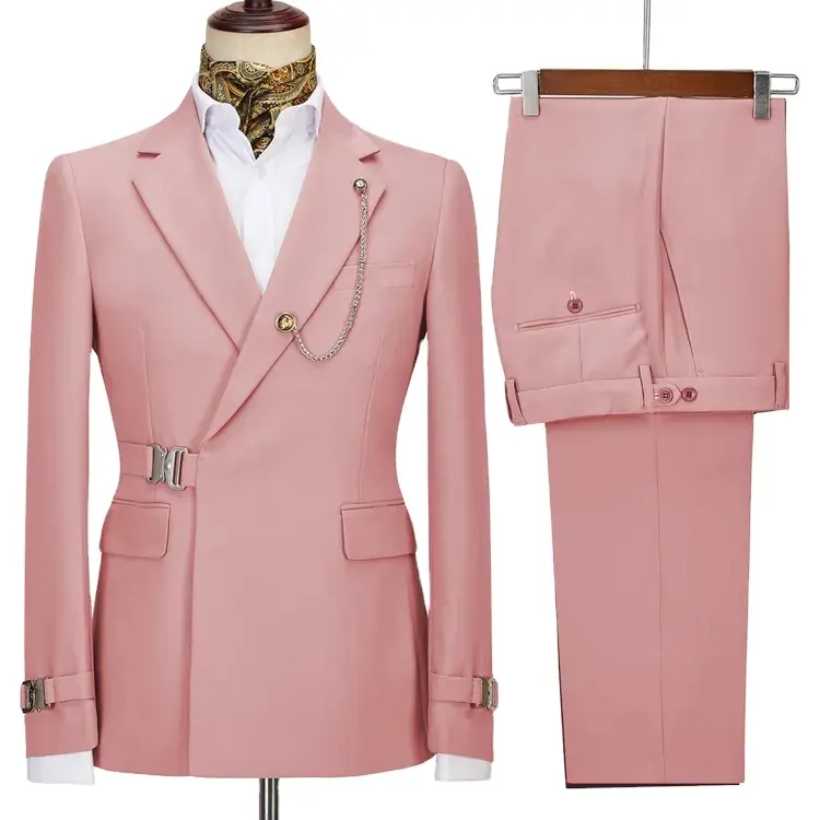 Nieuw Metalen Gesp Ontwerp Herenpakken 2 Stuks (Blazer + Broek) Roze Beige Kaki Slim Fit Dagelijkse Prom Trouwpakken Set Voor Heren