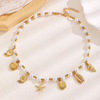 Collier de plage bohème tendance pour femme, avec pendentif étoile de mer et coquillage, perles imitation et perles en alliage