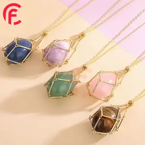 Titanium stainless steel 18k gold net bag natural crystal stone adjustable Bamboo knot net pendant necklace gemstone jewelry