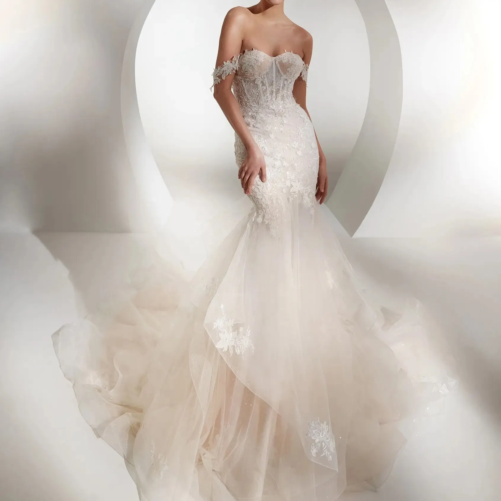 2023 khiêm tốn Wedding Dresses Chic thiết kế Nàng Tiên Cá Wedding Dress Bridal Gown với sequins và hạt bạc cô dâu vestidos de novia