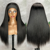 Vente en gros naturel léger Yaki droite bandeau perruque cheveux humains Remy péruviens cheveux tisse et perruques sans colle perruque avec bandeau