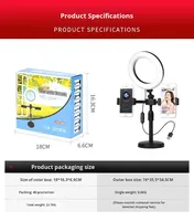 Support de diffusion en direct portable pour téléphone double avec clip de bureau, lumière annulaire LED rétractable de 6 pouces pour selfie beauté