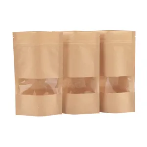 KM diverse capacità stand up pouch sacchetto di carta kraft con finestra e cerniera per cibo farina di noci tè riso in polvere biscotti