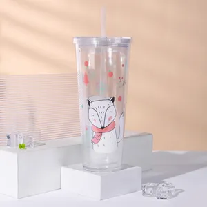 Cute Cartoon Girl Kid Plastic Cups With Lids And Straws Clear Double Wall Tumbler Kids Drink Cup