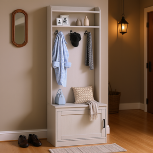Appendiabiti da Ingresso Rustico Bianco con Panca, Scarpiera e 3 Ganci, 2 Ripiani, in MDF, Autoportante - Product Image 2