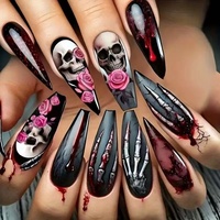 Nouvel ensemble de 24 faux ongles longs de style français sur le thème d'Halloween, avec motifs de griffes de fantôme, de roses et de crânes, pour un look effrayant.