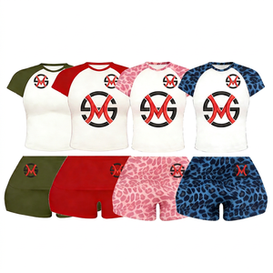 Ensemble tricoté 2 pièces pour femme, haut court à manches courtes et short imprimé léopard, respirant, sportif, col rond, tenue d'été écologique - Product Image 2