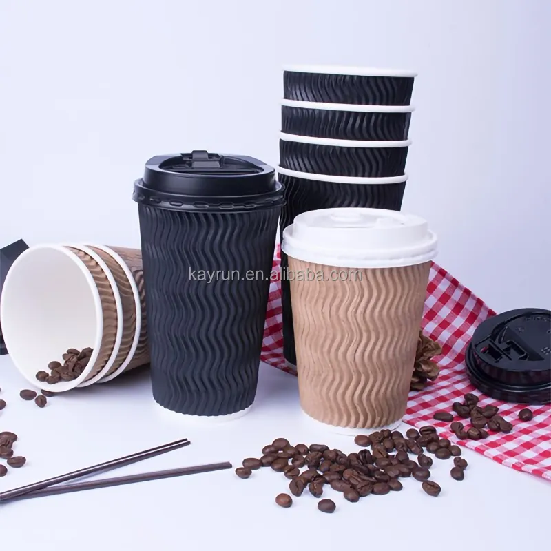 8oz 12oz 16oz Custom Printed Eco Friendly Triple Ripple Wall cup 3 Layer Disposable hot drink Coffee Paper Cups