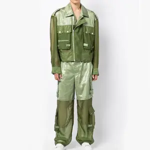 Super fashion drawstring waist two-tone patchwork patch pockets straight leg pants satin nylon and mesh cargo trousers