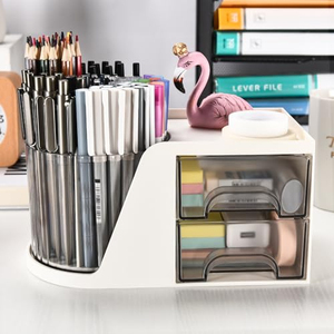 Multifunction 2 <b>Drawers</b> Plastic <b>Desk</b> Organizer <b>With</b> Rotating Pen Holder Household Items New Design for Office Organization - Product Image 4