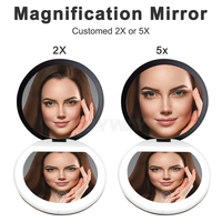 Round Compact LED Pocket Makeup Mirror, USB Rechargeable 1X/2X Magnifying Touch 3 Brightness Dimmable Travel Cosmetic Mirror