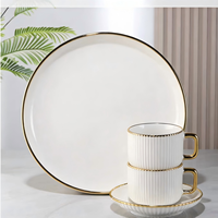 32 Piece Porcelain Dinnerware Set with Gold Rim Embossed Striped Design Plates Bowl Cups&Saucers Luxury Restaurant Tableware Set