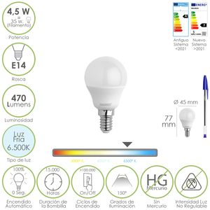 Lampadina LED Sferica E14 a Vite, 4,5 Watt. Equivalente a 35 Watt. 470 Lumen. Bianco Freddo (6500K) - Product Image 1