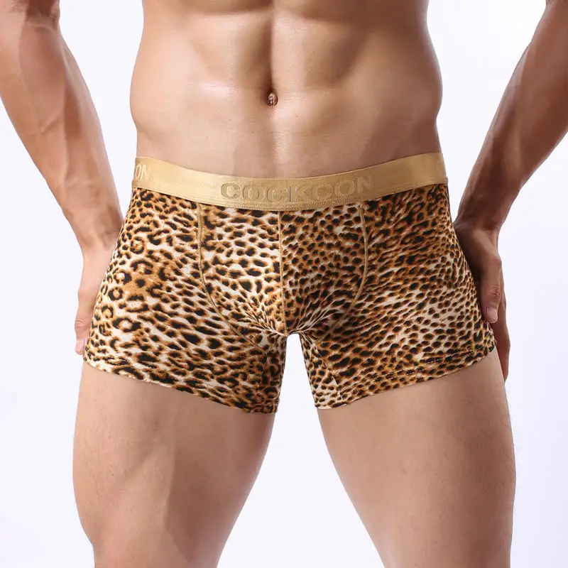 Sous-vêtements pour hommes, boxer, imprimé léopard, maille en tissu nylon, soie glacée, sexy, transparent, vente en gros,