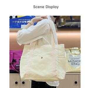 Tas <span class=keywords><strong>Tote</strong></span> Kanvas Wanita Elegan Lembut dengan Logo Kustom 16oz, Tas Belanja dengan Kantong dan Tali Bahu, Dapat Digunakan Kembali dan Lipat - Product Image 4