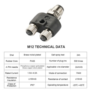 M12 <span class=keywords><strong>Y</strong></span>-<span class=keywords><strong>Type</strong></span> разъем адаптера 1 штекер к 2 гнезду 4 Pin IP67 Номинальная Солнечная система питания латунный корпус T-типа разъем - Product Image 5