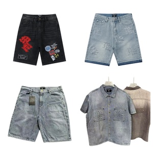 New MIXED EMOTION <strong>High</strong> Street Washed Vintage 100% Cotton Rhinestone Mid <strong>Waist</strong> Loose Straight Casual <strong>Denim</strong> <strong>Shorts</strong> for Men - Product Image 2