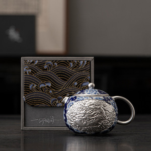 Théière Xishi en argent sterling 999 He Fusen, motif Dragon et Phénix, bleu et blanc, ensemble de thé Kung Fu avec couvercle, résistant à la chaleur, coffret cadeau - Product Image 1