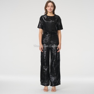 Pantalon large à sequins taille haute de qualité supérieure pour femme, noir, entièrement à sequins, coupe ample - Product Image 2