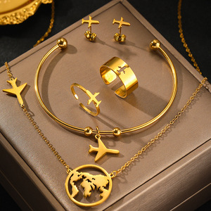 Đồ Trang Sức Thời Trang Tối Giản Thép Không Gỉ Vàng Bạc Máy Bay Và Bản Đồ Trang Sức Set Vòng Cổ Vòng Đeo Tay Và Bông Tai - Product Image 1