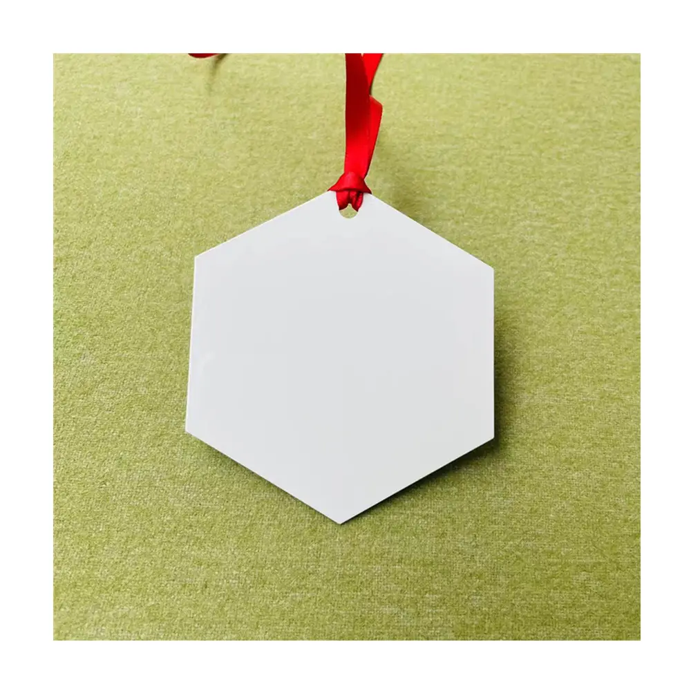 Benutzer definierte Größe Sechseck geformte Metall Sublimation Weihnachts schmuck Blank 2-seitige Sublimation Aluminium Ornamente mit roten Bändern