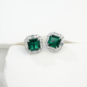 925 Sterling <b>Silver</b> Emerald Cut Lab Created Emerald Halo <b>Stud</b> Earrings - Product Image 2