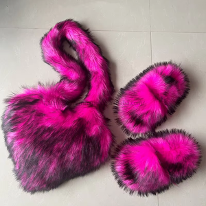 Winter Fashion Big Fur Slippers Shoe and Bag Set Faux Fur Women's Slippers Flat Bottom Designer Fur Slipper <b>Purse</b> Sets for Women - Product Image 1