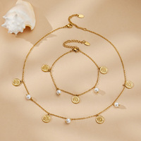 Ensemble collier et bracelet de cheville vintage en pierre naturelle multi-pendentifs, unisexe, en acier inoxydable plaqué or 18 carats, bijoux de mode en gros