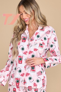 TUOYI Pyjamas parent-enfant imprimés de Noël 100% coton pour filles personnalisées Tasses de Noël Pyjamas à boutons pour femmes Ensemble de <span class=keywords><strong>pyjama</strong></span> poussière rose - Product Image 3