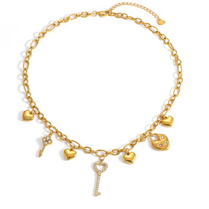 Collar de Acero Inoxidable con Baño de Oro de 18k, Dijes de Corazón y Llave, Estilo Ejecutivo para Mujer, Cadena para Clavícula - Product Image 4