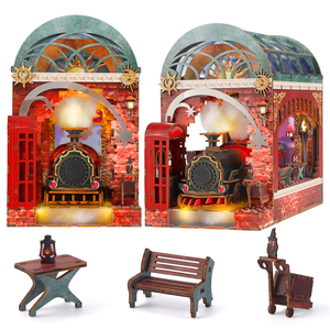Kit DIY de train miniature pour bibliothèque - Puzzle en bois 3D avec lumière LED, décoration rétro steampunk pour étagère, pour adultes et adolescents (183 pièces) - Product Image 1