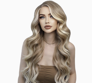 Perruque synthétique longue ondulée de qualité supérieure, résistante à la chaleur, en fibre, ombrée blond platine, avec raie latérale, perruques Lace Front pour femmes - Product Image 1