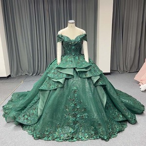 Lsany277 Dark Green Quinceanera Ball Gown Sequined Tiered <b>Ruffle</b> Floral Applique <b>Dress</b> With Train For Sweet 15 Jancember - Product Image 3