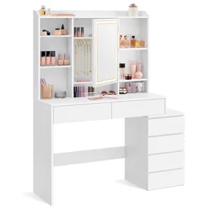 VASAGLE Modern Makeup Vanity white LED Mirror Makeup Desk drawers Lighting Dressing Table