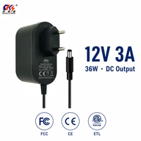 Adaptateurs d'alimentation CC 12 volts 3 ampères 36W homologués ETL CE FCC, prise EU US, adaptateur d'alimentation à commutation AC/DC 12V 3A, alimentation pour CCTV LED LCD